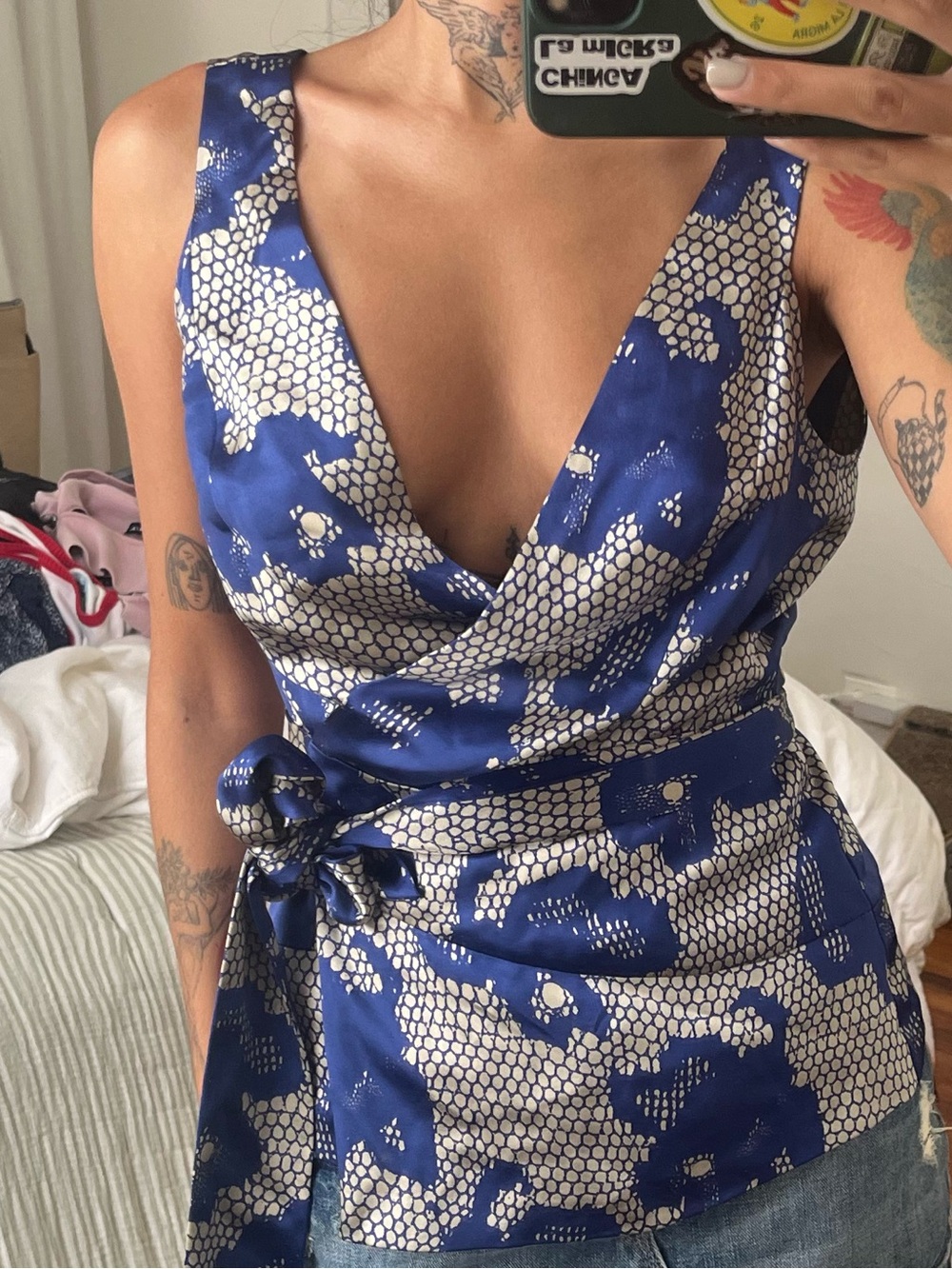 Diane Von Furstenberg SILK Navy and Cream Wrap Top